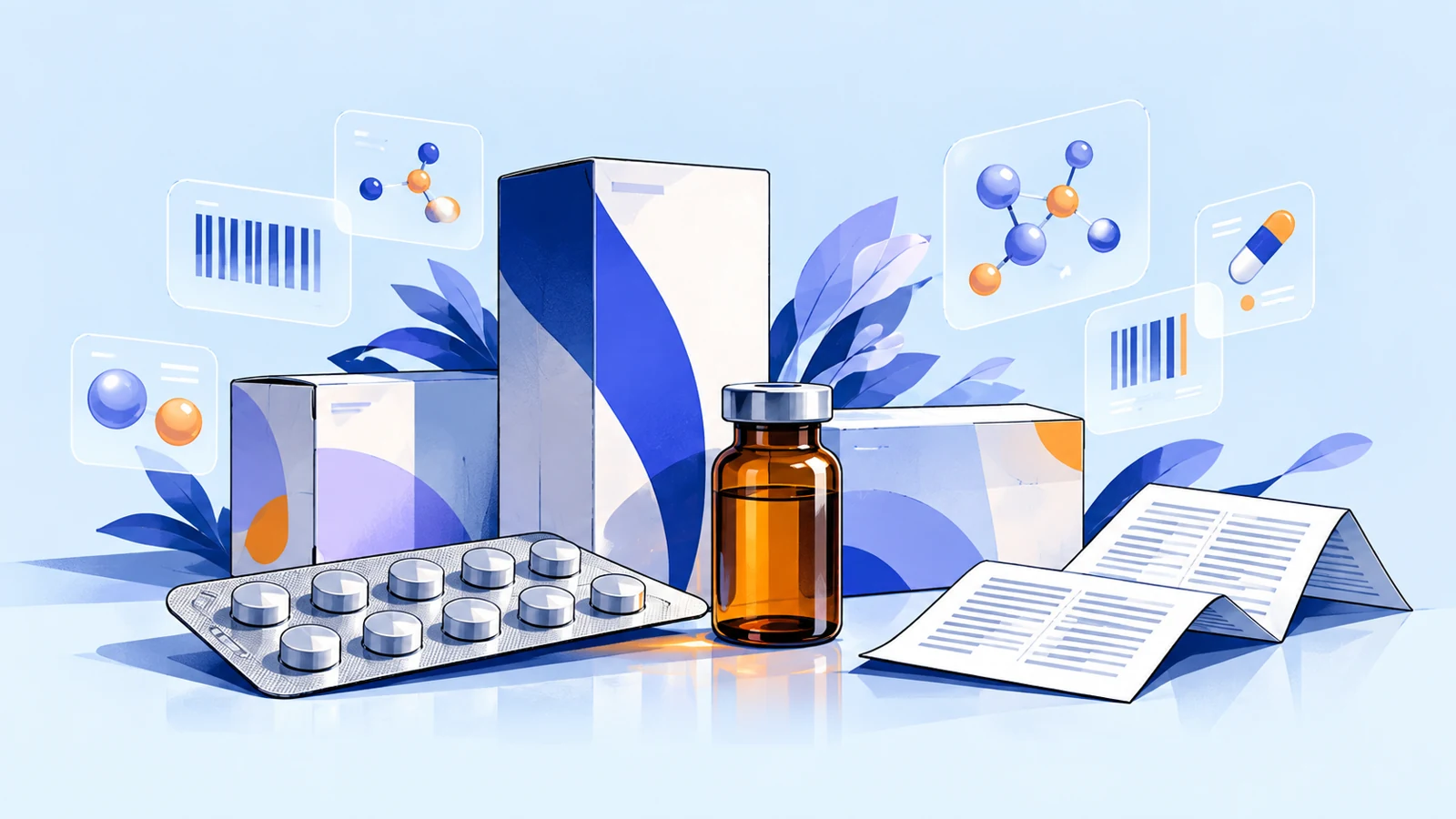 Comic-Illustration neutraler Pharmaverpackungen, eines Blisters und eines Glasfläschchens mit grafischen Datenelementen